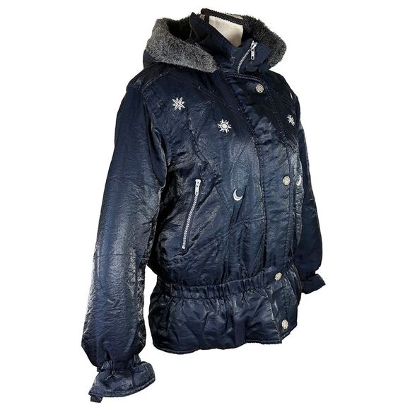 Vintage Celestial Puffer Jacket | Navy Blue Faux Fur Hood – Y2K Moon & Sun - Picture 4 of 12